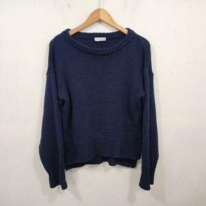 Aakasha High Low Hem Open Knit Sweater Navy Blue Womens M Long Sleeve Boat Neck